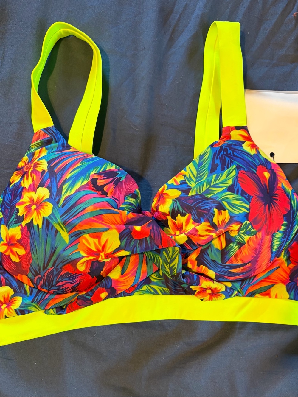 Neon Tropical Floral Women's Bikini Top - Lime Trim